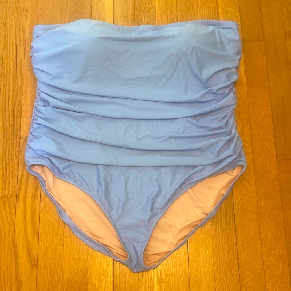 Reimagined by J Crew ruched bandeau one piece bathing suit in Pale Seascape